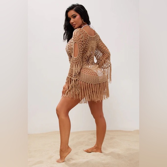 NWT Fashion Nova Vibes Crochet Long Sleeved Coverup - Taupe Size Medium - Picture 5 of 5